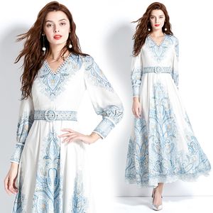 Paisley Floral Party Boho Maxi Robe Robe à manches longues Femme Designer Col en V Slim Taille haute Vacances Lâche Big Swing Robes 2023 Printemps Automne Coupe élégante Robes de piste