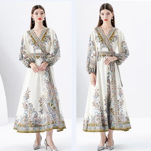 Paisley Floral Party Femme Maxi Robe Lanterne Manches Col En V Mince Piste Designer Côté À Lacets Arc Blanc Wrap Robes Robe 2023 Printemps Automne Chic Vacances Casual Robes