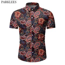 Paisley floral zomer shirt mannen retro camisa hawaiana hombre slim fit heren korte mouw shirt bloem mannen casual shirts 210524