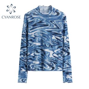 Paisley Print Blue T Shirt Femmes À Manches Longues Col Montant Maigre Naturel Tees Printemps Streetwear E-Girl Moulante Basique Tops Marée 210417