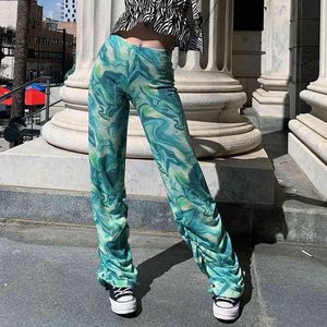 Paisley Imprimer Vert Droite Y2K Pantalon De Survêtement Taille Haute Pantalon Empilé Femmes Mode Chic Tie Dye Ruché Pantalon Pour Femme 210415