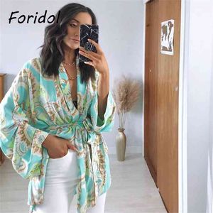 Blusa con lazo de gran tamaño con estampado de Paisley, Kimono suelto informal Vintage, pareo verde para la playa, pareo de verano 210427