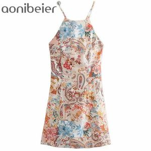 Paisley print zomer casual potlood jurk mode cross-back mouwloze spaghetti riem hoge taille vrouwen mini 210604