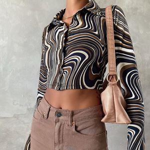 Paisley gedrukt bruin lange mouw blouses mode knop omhoog vrouwen shirt turn-down kraag shirt crop top vintage vrouw 210415