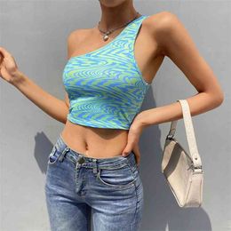 Paisley Printed One Shoulder Y2K Camis Crop Top Backless Bandage Lace Up Corset Vrouwen Shirt Tee Tank Vest Party Beachwear 210510