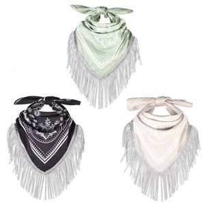 Paisley strass soie Satin carré à franges Bandana pour les femmes été Hip-hop glands pierres écharpe plage ethnique châle