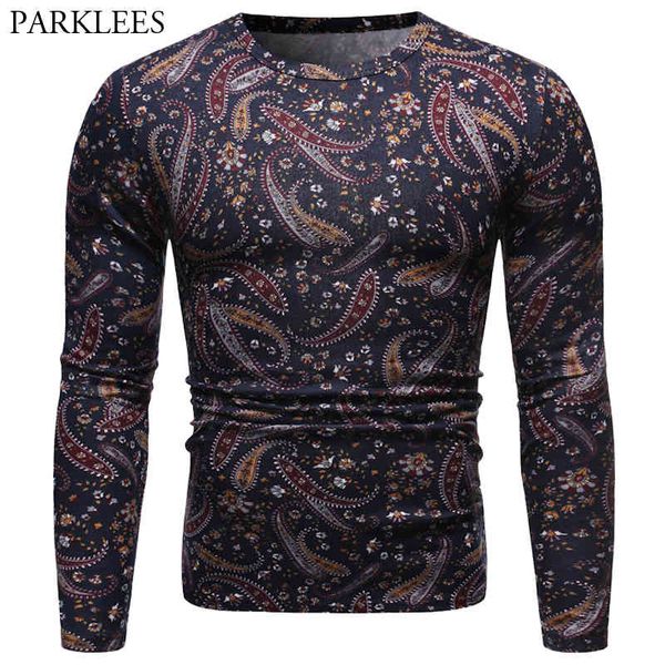 Paisley T-shirt Hommes Mode O Cou À Manches Longues Hommes Tshirt Casual Slim Fit Doux Floral Tee Shirt Homme Streetwear Top Tees 210524
