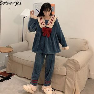 Conjuntos de pijamas Mujeres Invierno Suave Cálido Engrosamiento Suelto Manga larga Pijamas Abolladuras Dulce Ropa de dormir Marinero Collar Kawaii Ropa de dormir L220803