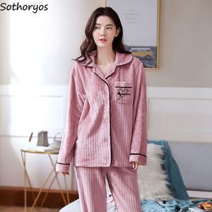 Pyjama sets vrouwen winter warm geprinte turn down kraag nachtkleding flanel verdikt vrouwelijke dagelijkse home lounge slijtage ulzzang l220803