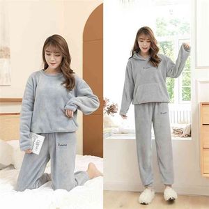 Pajama Femmes Haute Qualité Soft épaississant Flanelle Femelle Femelle Hiver Set long Pantalon à manches longues Homewear Deuxième pièce 210809