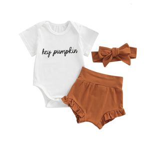 Pyjama's 0630 Lioraitiin 018m baby Baby Girl 3pcs Halloween Clothing Set korte mouw Bodysuit Letter Gedrukte top Solid shorts 230217