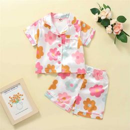 Pajamas 1-6Y toddler girls floral silk pajamas satin short sleeved button top summer floral pajama setL2405