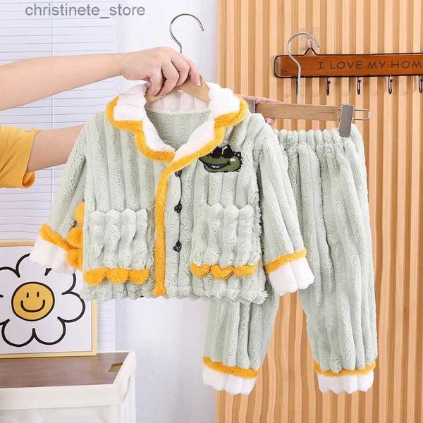 Pyjamas 2023 automne hiver enfants garçon 2 pièces pyjamas vêtements ensemble dinosaure coton épais Homewear manteau polaire pantalon enfant en bas âge garçon pyjamas R231214