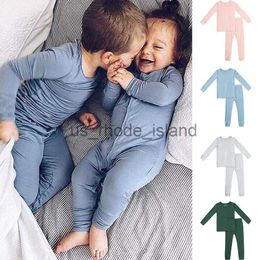 Pyjama 2023 Nieuwkomers Bamboevezel Peuter Baby Kinderen Pyjama Sets Pak Voor Meisjes Effen Lange Mouwen Top + broek Jongens Nachtkleding x0721