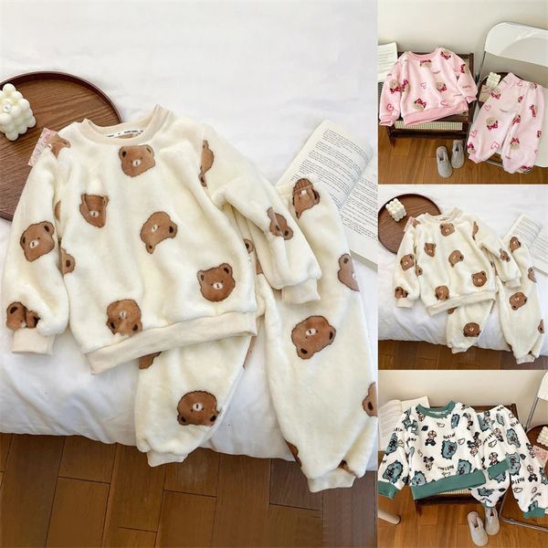 Pijamas 2024 Otoño Invierno niños espesar conjuntos de franela suave bebés niños niñas dibujos animados Oneck pulóver pijamas para dormir calientes 231030