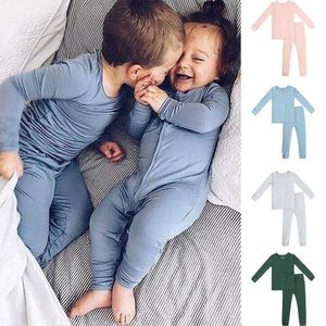 Pajamas 2024 Nouveaux arrivages en bambou fibre pour bébé pour bébé sets pour filles à manches longues solides top + pantalon garçons somnifères H240507
