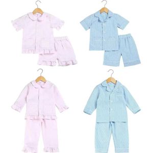 Pyjamas 2024 SEERSUCKER 100% PURE Cotton naaien kinderen pyjama set casual zomer pyjama's voor jonge kinderen jongens pyjama's babymeisjes kleding d240517