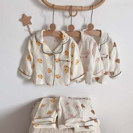 Pijamas 2 uds primavera otoño niños conjunto de manga larga Tops cárdigan pantalones oso coreano muselina de algodón niños niñas camisón ropa de dormir 230711