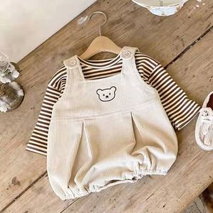 Pyjamas Automne Bébé T-shirts Corduroy Sling Barboteuses Costume pour Garçons Coton Rayé Pull Dessin Animé Ours Enfants Salopette Infantile Filles Vêtements 230327