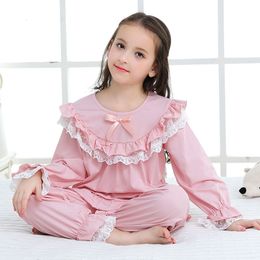 Pyjamas Autumn Girl Pyjama Set Kids Home Doek Vrouwen Pyjama Katoen Lange Mouw Lace Cute For Children Princess Retro Sleepwear 230310