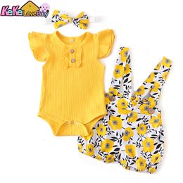 Pyjama's babymeisje zomerkleding set mode geboren baby breien katoen ruches romper shorts boog hoofdband 3 stcs voor peuter outfits 230217