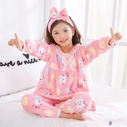 Pajamas Big Girl Wear Outumn Winter Slee Long Flannel Conjunto de franela tibia