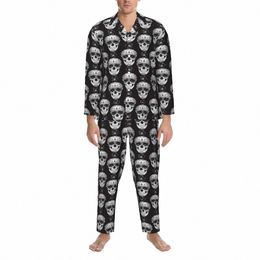 Pyjamas Noir Blanc Crâne Chambre Vêtements De Nuit Crânes De Sucre 2 Pièces Pyjamas Lâches Ensemble Lg-Sleeve Confortable Surdimensionné Costume À La Maison 27hI #