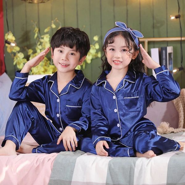 Pyjamas Bleu Satin Soie Pyjamas Ensembles Pour Adolescentes Filles Garçons Pyjamas À Manches Longues Haut Pantalon Pijama Ensemble Automne Enfants Vêtements De Nuit Enfant Pjs 231122