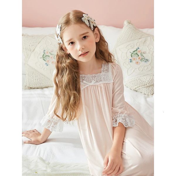 Pyjamas enfants filles rose robe de princesse vêtements de nuit col carré chemises de nuit Vintage enfants dentelle chemise de nuit été fille coton chemise de nuit 231128