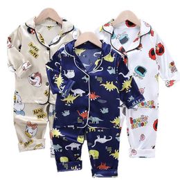 Pajamas Childrens Silk Satin Pyjama Set Baby Boys and Girls Cartoon Dinosaur Top Panters 2pcs Spring and Automn Childrens Satin Pyjama Retour à la maison Pajamasl2405
