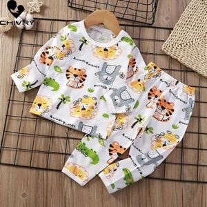 Pyjama's Childrens Summer Thin Soft New Boys and Girls Cartoon lange mouwen T-shirt top met broek Baby Pyjama Set D240515