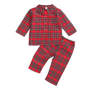 Pyjama Kerstmis Kid Baby Girls Boys Pyjama Sets Plaid Print lange mouw met één borsten down toppen broek 220922
