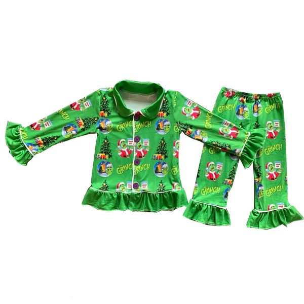 Pijamas Colección de pijamas navideños Ropa para niñas Solapa Pantalones de manga larga Conjunto Verde Patrón de árbol de Navidad Tela de seda de leche 231117