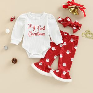 Pyjama Citgeett Herfst Kerstmis baby Babymeisjes Pants Set Letters met lange mouwen Afdrukken Romper Santa Flare Bowknot 230217