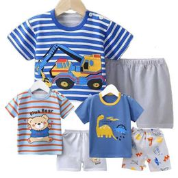 Pyjamas coton pyjamas t-shirt de dessin animé + shorts 2 pièces de vêtements pour enfants pour enfants et filles à rayures de vêtements de sport décontractés 0-6 ans wx5.21