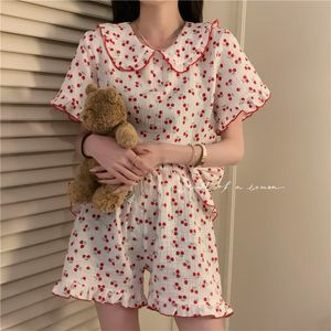 Pajamas Cotton Sleepwear Korean Pajamas for Women Summer Pijama Cherry Print Pyjamas Female Set Woman 2 Piece Cute Loungewear 230503