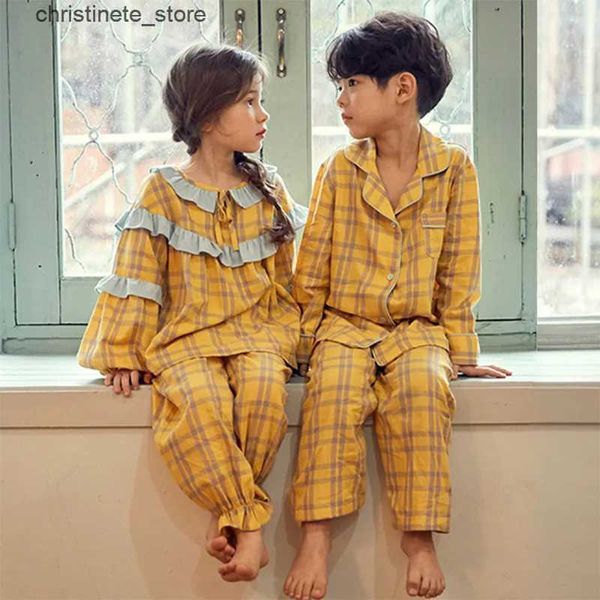 Pyjama mignon en coton à manches longues pour fille et garçon, ensemble à carreaux, vêtements de sommeil pour enfants en bas âge