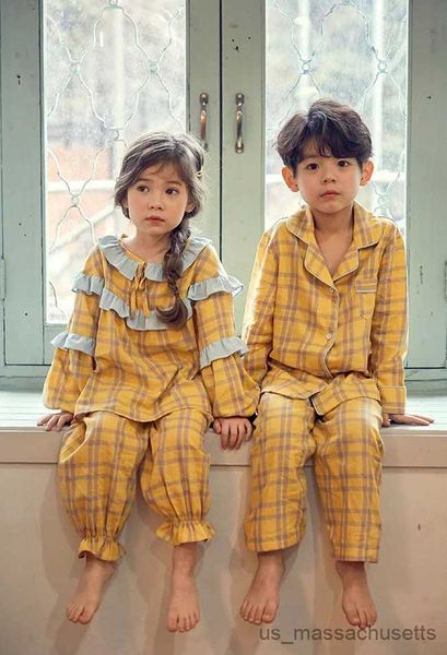 Pijamas Conjuntos de pijamas a cuadros de manga larga de algodón para niños y niñas lindos. Conjunto de pijamas dulces para niños pequeños Ropa de descanso para dormir. Ropa para niños