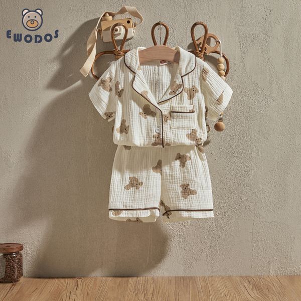 Pyjamas EWODOS 1 6 Ans Enfant Bébé Enfant Unisexe Casual Pyjama Costume Dessin Animé Ours Imprimer À Manches Courtes Poche Avant Revers Tops Shorts 230505