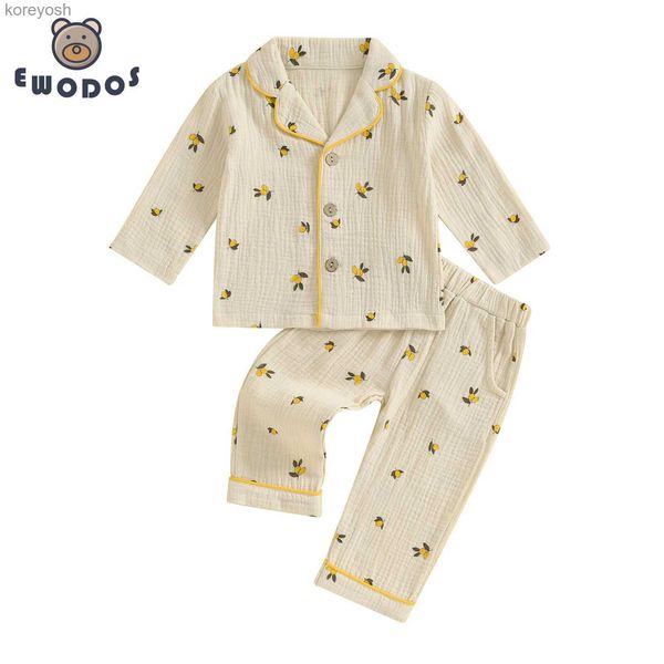 Pijamas EWODOS Conjunto de pijamas para niñas pequeñas con estampado de limón, camisas con cuello de solapa y pantalones con cintura elástica, conjuntos de ropa de dormir de 2 piezas para niños L231109