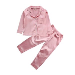 Pajamas Fashion Baby Kid Girls Satin Autumn Winter Pajamas Set Solid Long Sleeve Button TopsLong Pants 2PCS Outfits Set 230503