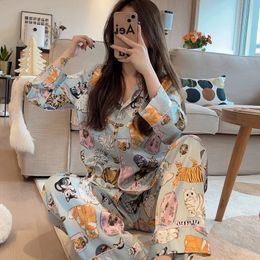 Pyjama's voor vrouwelijke lente en herfst Cat Cardigan lange mouwen set satijn loungewear vrouwen lingerie kawaii meisjes pjs 240201