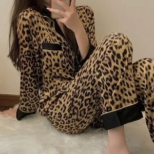 Pyjama's voor vrouwen Spring herfst Koreaans vest met lange mouwen sexy luipaardprint huiskleding set melk zijde 240428