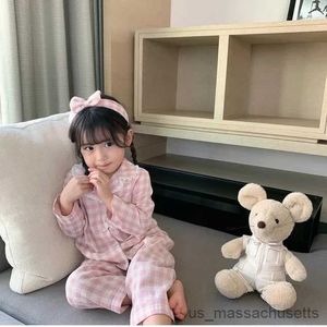 Pijamas de niña con cuello vuelto, conjuntos de pijamas a cuadros rosas, conjunto de pijamas Vintage para niños pequeños, ropa de descanso para dormir, ropa para niños