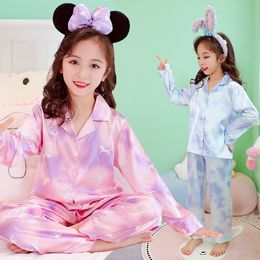 Pyjamas Girls Pyjamas Set Soft Ice Silk Pyjama Teen Gril Long Sleeve Knoppen Sleepwear Kinderen Lange broek Kinderen Kleding Pink Blue 230310