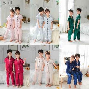 Pyjamas Girls Pyjamas Spring Summer Summer Sleeve Childrens Sleepwear Set Silk Suit Boys Pyjama's S For Kids Tracksuit 210915 C240413