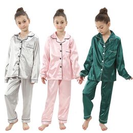 Pyjamas Girls Pink Satin Sets Childrens 2pcs Chightgowns Loungewear Boys Silk Pajamas Teenager Sleeping Whars pour 214T 231127