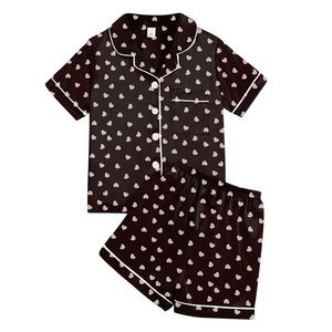 Pyjamas Girls Simuleerde Silk Short Sheeved Family Clothing Set Childrens Button Halsline Pyjama's 8-12 jaar oude kinderen Pajama Set WX5.21