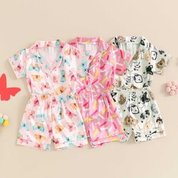Pyjama's kinderen meisjes satijnen set honden afdrukken korte mouw turn down kraag tops met elastische taille shorts slaapkleding H240507