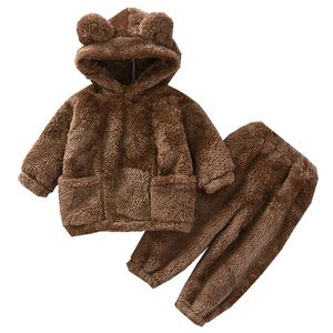 Pyjama Kinderen Set Winter Dikke Jongen Meisjes Pluche Kleding Leuke Flanel 05y Baby Kinderen Capuchon Homewear Pakken 231124